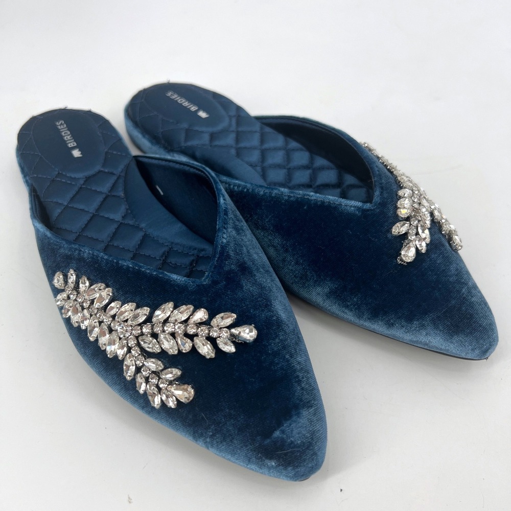Birdies The Swan Jeweled Blue Velvet Slides Comfort Quilted Rhinestone Size 6.5 - Picture 2 of 9